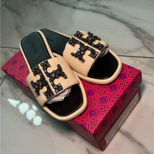 Tory Burch Cream and Black Embellished Sandals